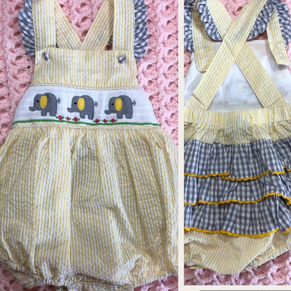 Baby Yellow Seersucker Elephant Bubble Romper